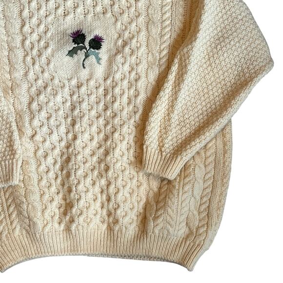 Highland Home Scotland Women’s XL VTG Cream Wool Sweater Fisherman Embroidered - Picture 4 of 10